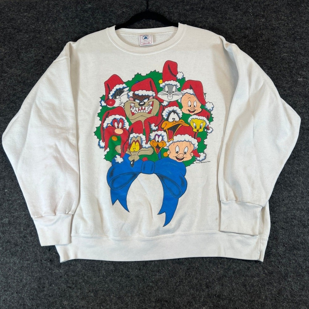 Vintage 90s Looney Tunes Christmas Sweatshirt Mens XL White 1993 Warner Bros USA